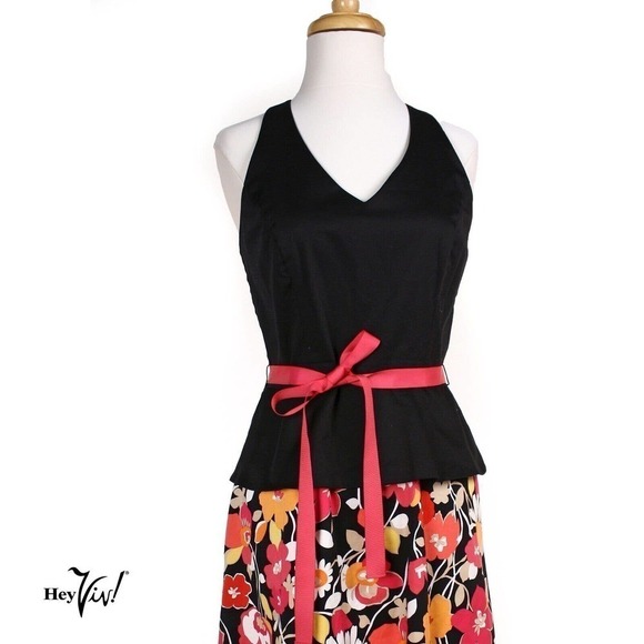 Vintage Halter Dress Sheri Martin Black Peplum Top Floral Skirt Size 6 - Hey Viv - Picture 2 of 8